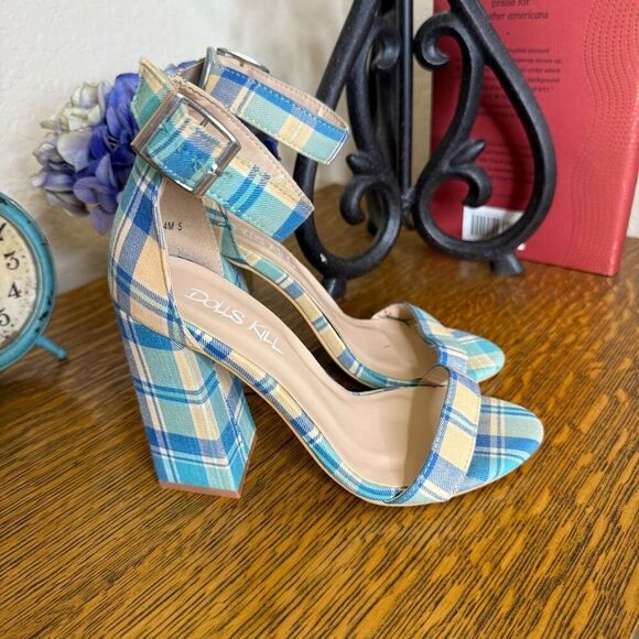 Dolls Kill Mojito Just Flawless Blue & Yellow Plaid Block Heel Sandals Sz 5/6 - Picture 1 of 11